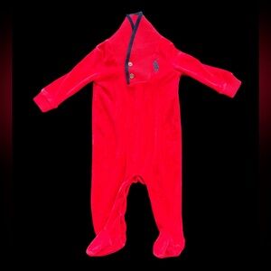 Ralph Lauren Baby Red Velour Romper footies High Neck 6 Months 3 Christmas LN